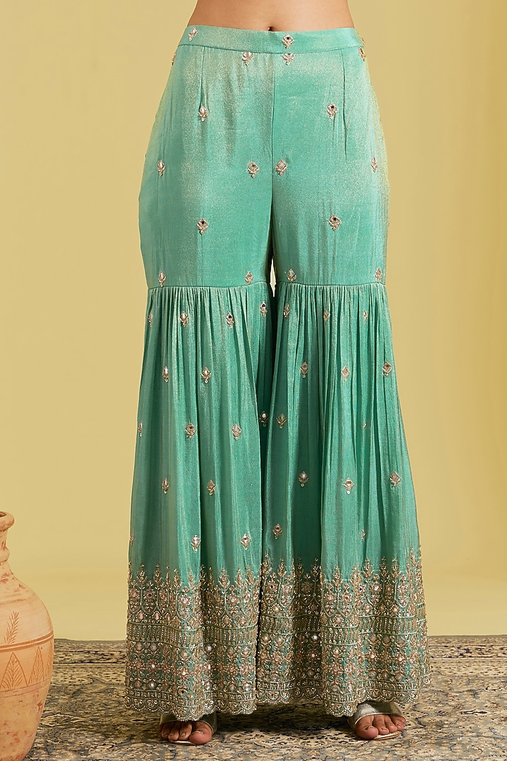 Sage Green Tissue Embroidered Gharara Set by MeenaGurnam at Pernia's Pop Up Shop