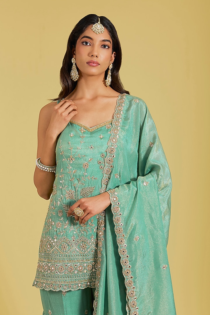 Sage Green Tissue Embroidered Gharara Set by MeenaGurnam at Pernia's Pop Up Shop