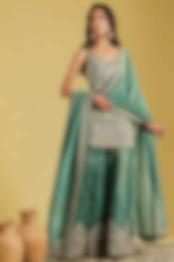 Green Tissue Embroidered Gharara Set by MeenaGurnam at Pernia's Pop Up Shop