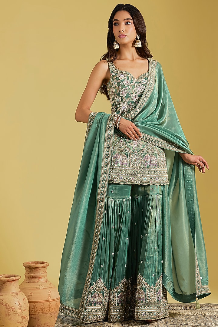 Green Tissue Embroidered Gharara Set by MeenaGurnam at Pernia's Pop Up Shop