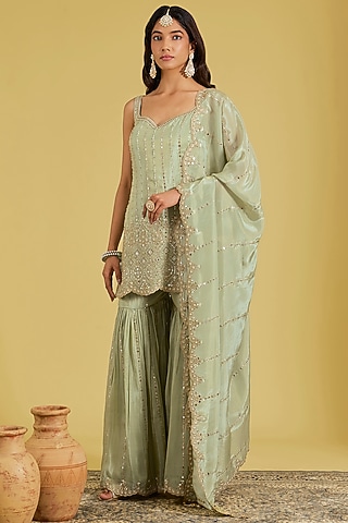 Pista Tissue Embroidered Gharara Set by MeenaGurnam