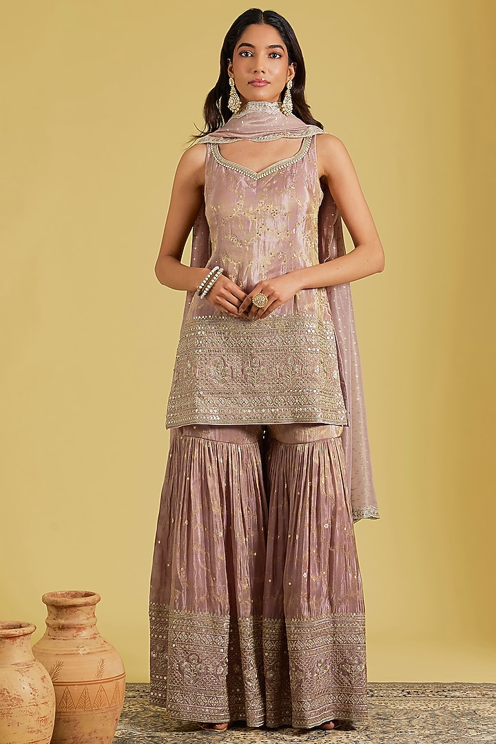 Rose Gold Tissue Embroidered Gharara Set by MeenaGurnam at Pernia's Pop Up Shop