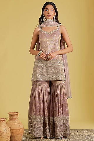 Rose Gold Tissue Embroidered Gharara Set by MeenaGurnam