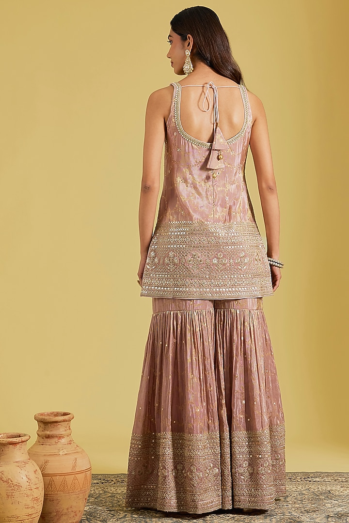 Rose Gold Tissue Embroidered Gharara Set by MeenaGurnam at Pernia's Pop Up Shop