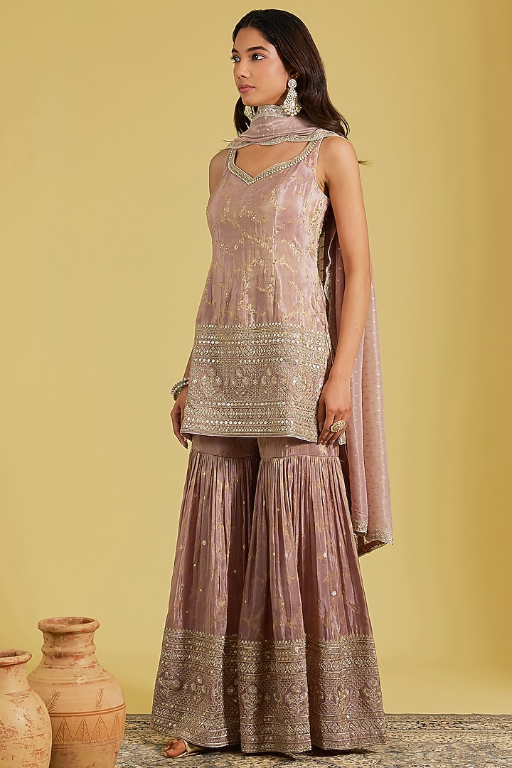 Rose Gold Tissue Embroidered Gharara Set by MeenaGurnam at Pernia's Pop Up Shop