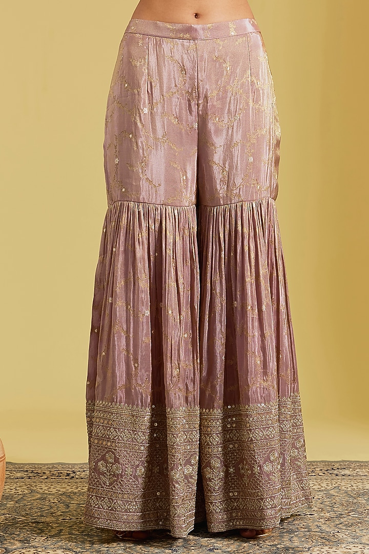 Rose Gold Tissue Embroidered Gharara Set by MeenaGurnam at Pernia's Pop Up Shop