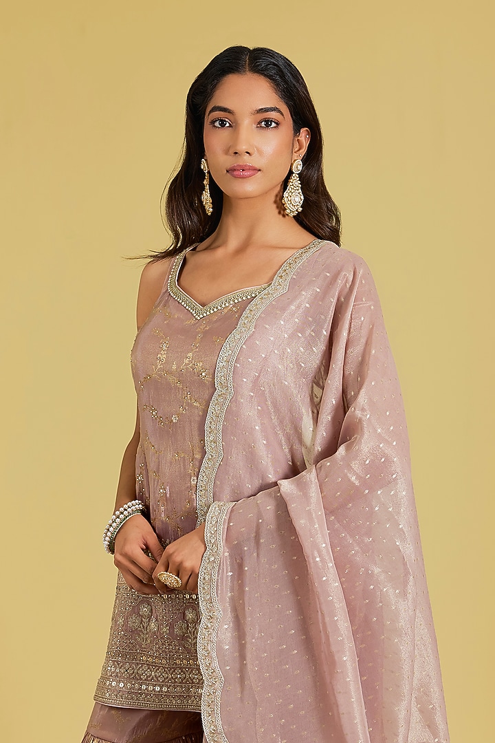Rose Gold Tissue Embroidered Gharara Set by MeenaGurnam at Pernia's Pop Up Shop