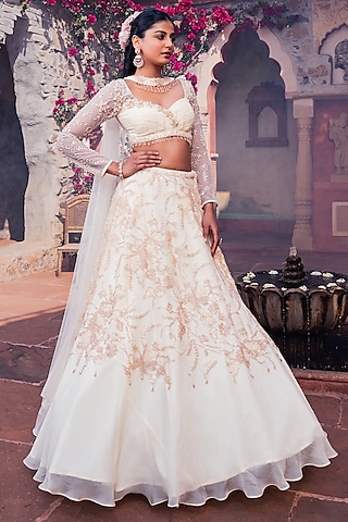 Beige Net & Viscose Georgette 3D Floral Embroidered Lehenga Set by MeenaGurnam