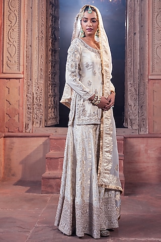 Ivory Jacquard Tissue Handcrafted Sharara Set by MeenaGurnam