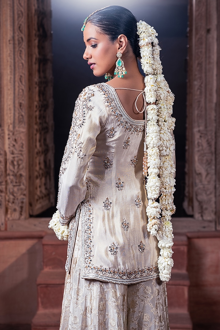 Ivory Jacquard Tissue Handcrafted Wedding Sharara Set by MeenaGurnam at Pernia's Pop Up Shop