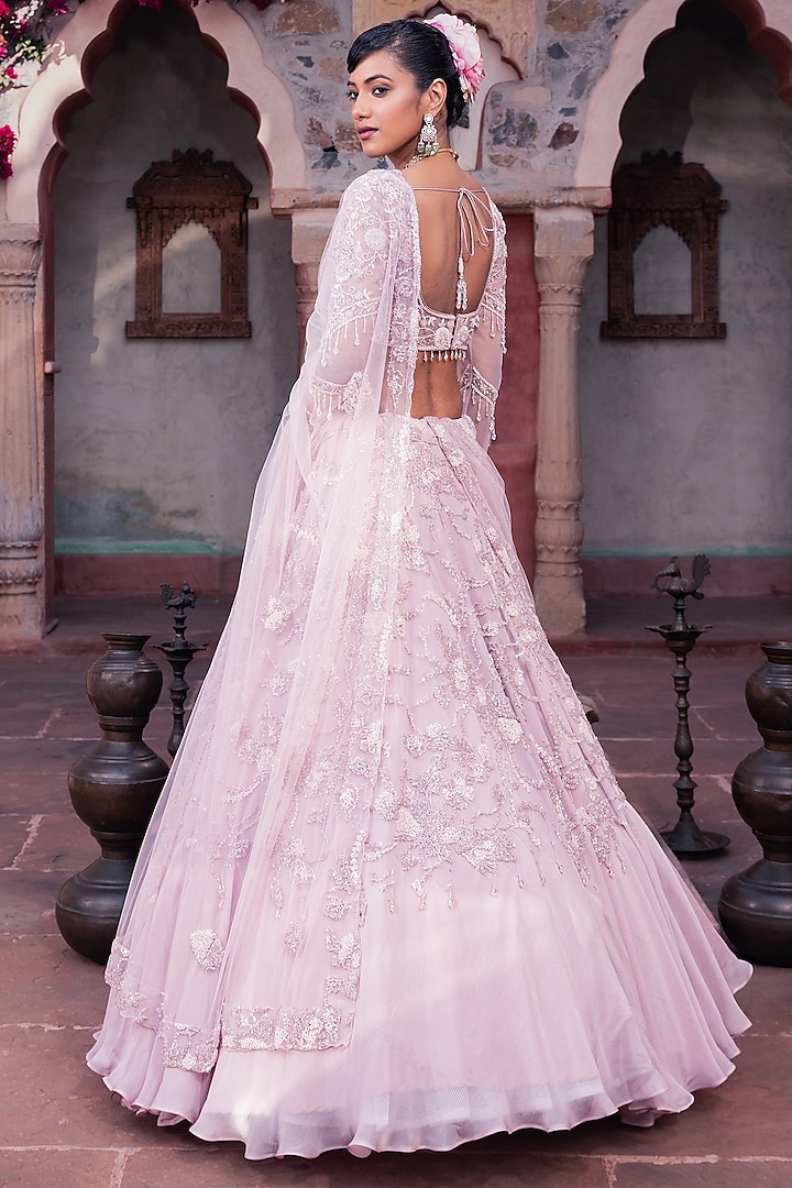 Pink Organza & Net Cutdana Embroidered Wedding Lehenga Set by MeenaGurnam at Pernia's Pop Up Shop