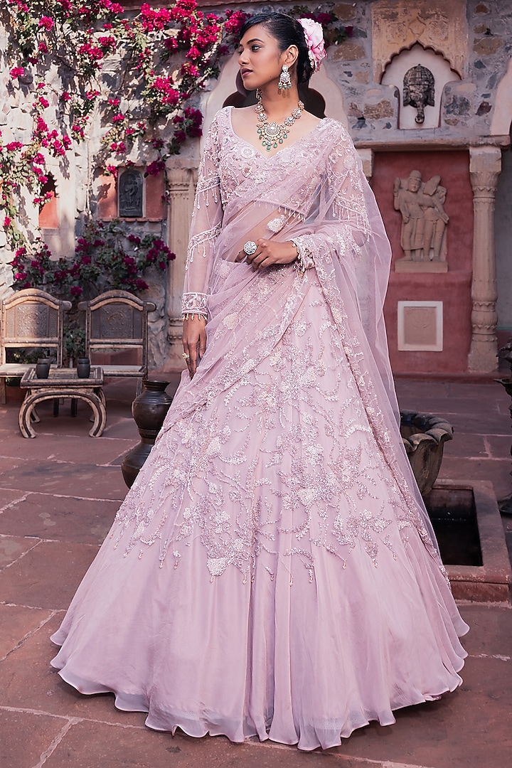 Pink Organza & Net Cutdana Embroidered Wedding Lehenga Set by MeenaGurnam at Pernia's Pop Up Shop