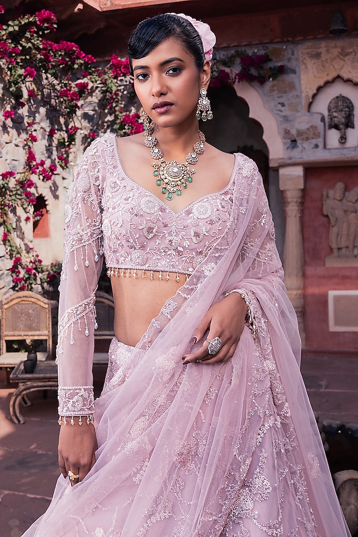 Pink Organza & Net Cutdana Embroidered Wedding Lehenga Set by MeenaGurnam at Pernia's Pop Up Shop