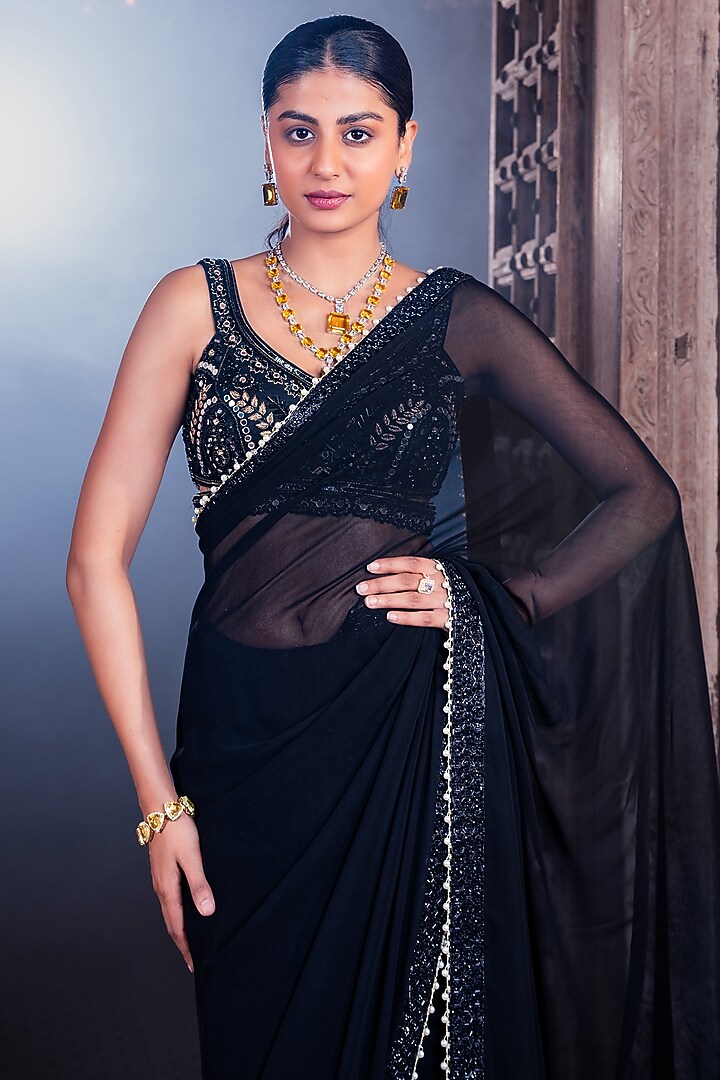 Black Net & Viscose Georgette Party Wear Saree Set by MeenaGurnam at Pernia's Pop Up Shop