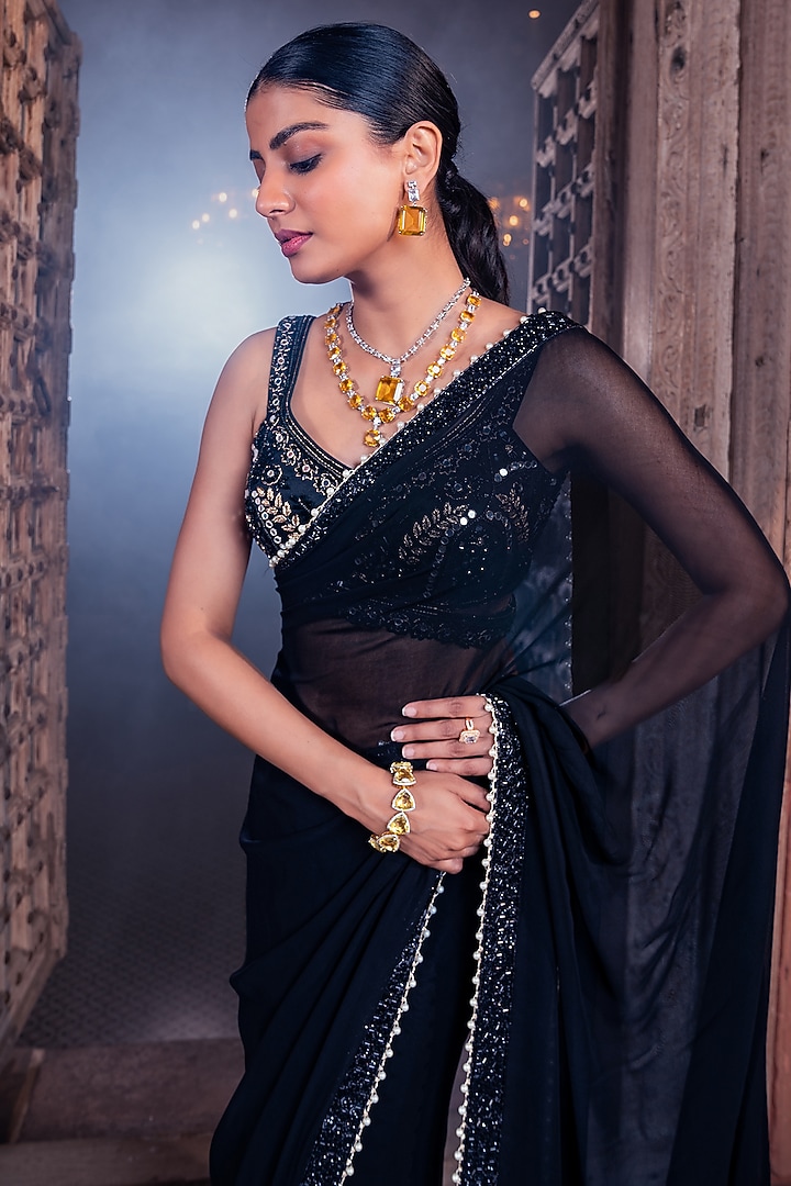 Black Net & Viscose Georgette Party Wear Saree Set by MeenaGurnam at Pernia's Pop Up Shop