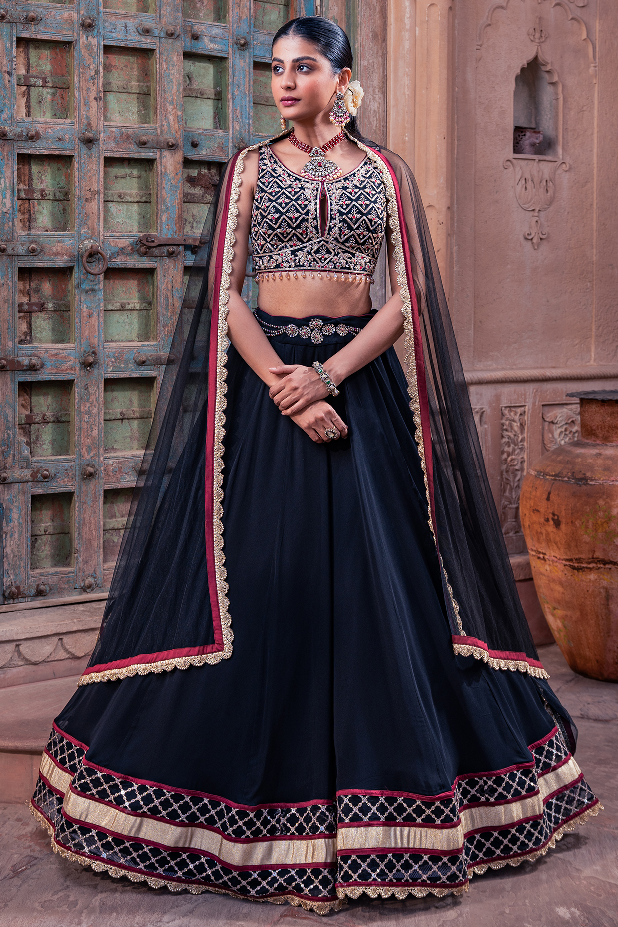 Black Net & Viscose Georgette Wedding Lehenga Set by MeenaGurnam at Pernia's Pop Up Shop