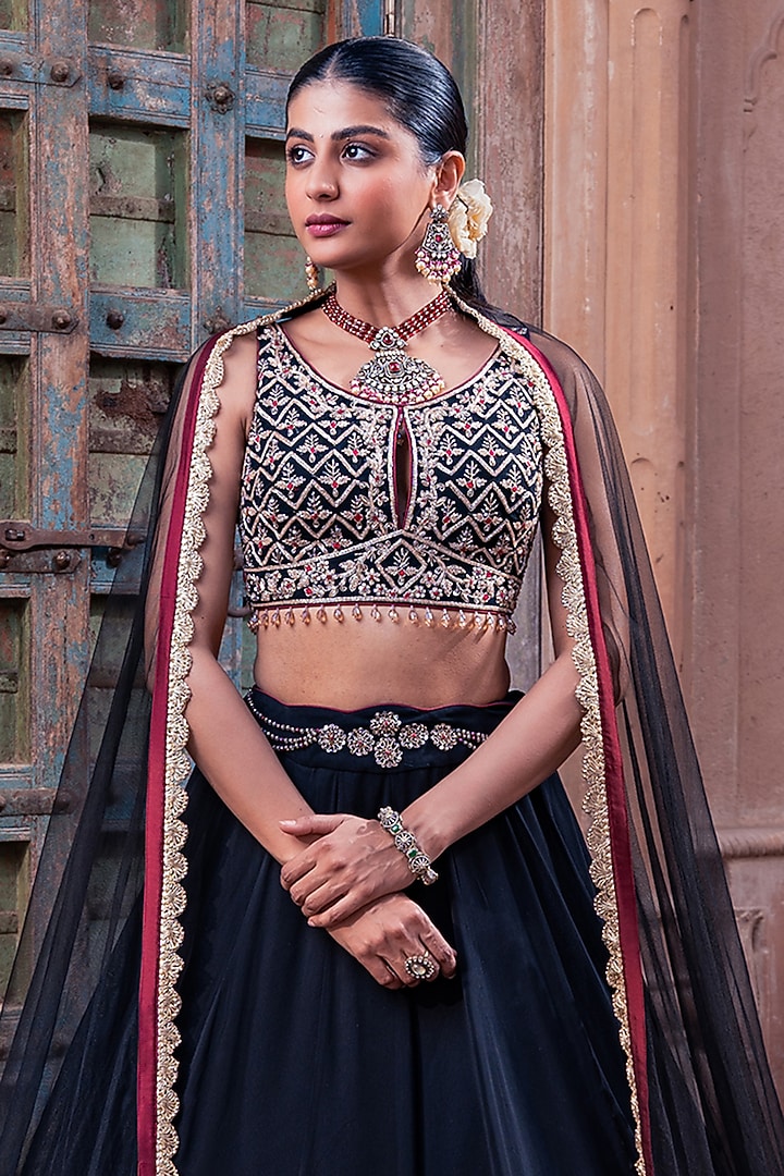 Black Net & Viscose Georgette Wedding Lehenga Set by MeenaGurnam at Pernia's Pop Up Shop