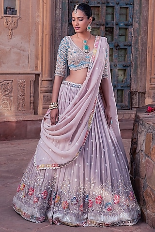 Grey Net & Organza Hand Embellished Lehenga Set by MeenaGurnam