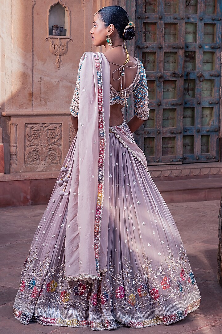 Grey Net & Organza Hand Embellished Wedding Lehenga Set by MeenaGurnam at Pernia's Pop Up Shop