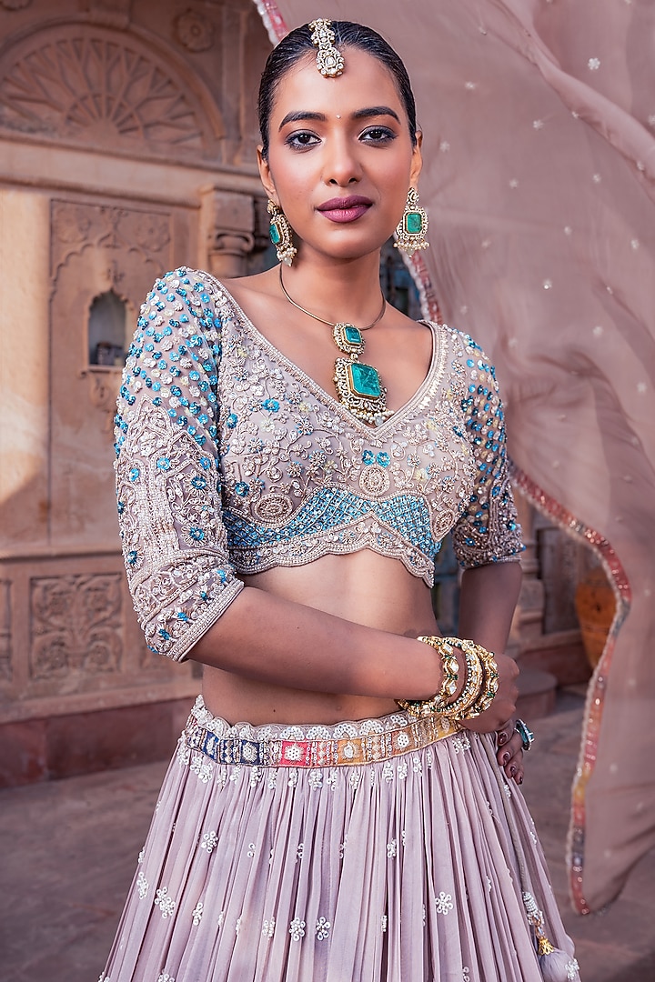Grey Net & Organza Hand Embellished Wedding Lehenga Set by MeenaGurnam at Pernia's Pop Up Shop