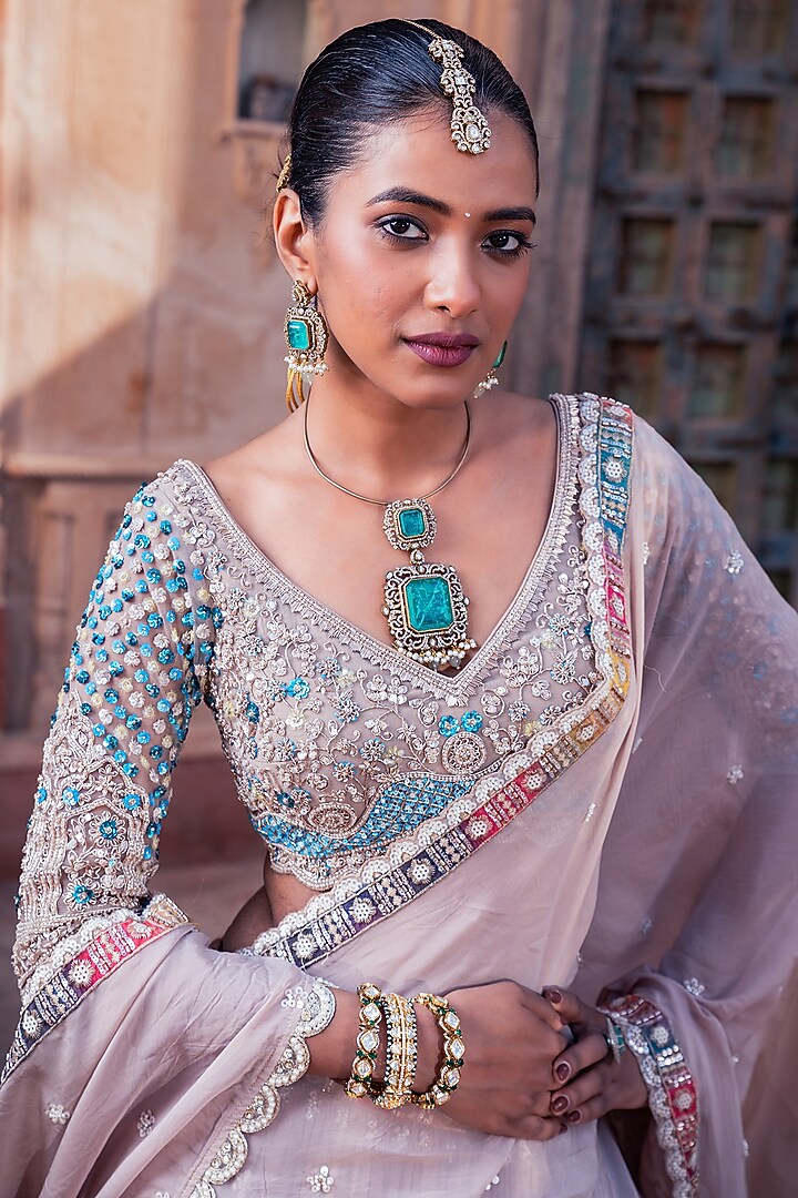 Grey Net & Organza Hand Embellished Wedding Lehenga Set by MeenaGurnam at Pernia's Pop Up Shop