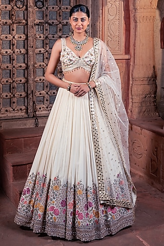 Beige Net & Viscose Georgette Resham Work Lehenga Set by MeenaGurnam
