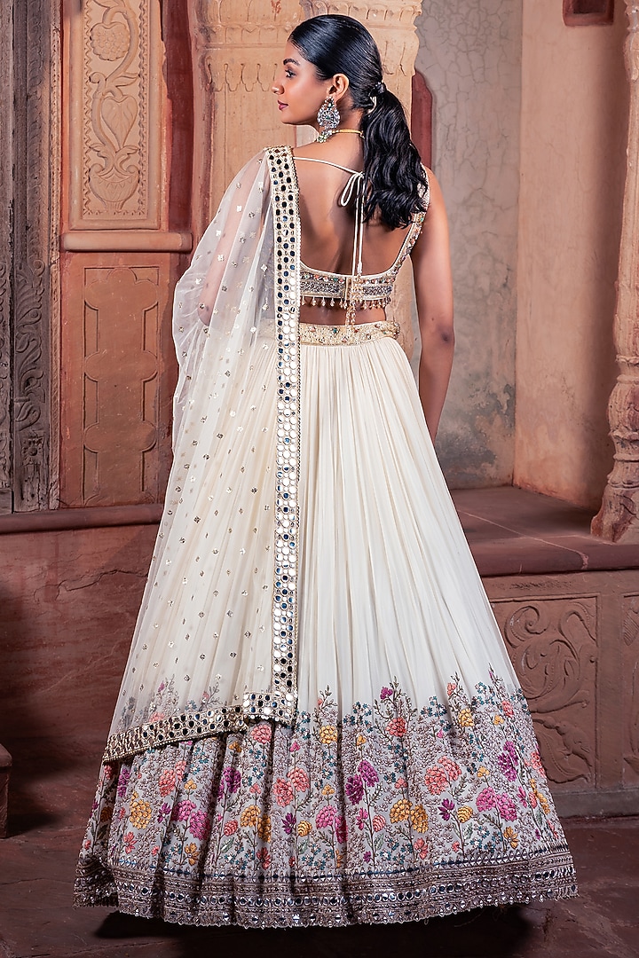 Beige Net & Viscose Georgette Resham Work Wedding Lehenga Set by MeenaGurnam at Pernia's Pop Up Shop