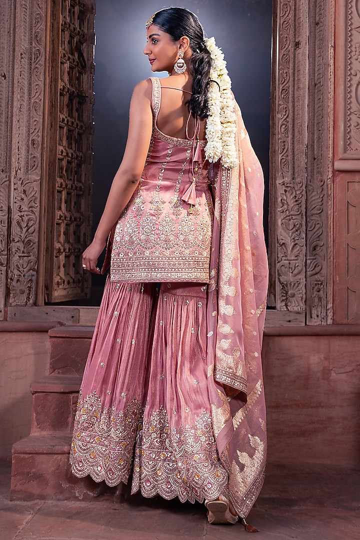 Pink Tissue Sequins Embellished Party Wear Sharara Set by MeenaGurnam at Pernia's Pop Up Shop