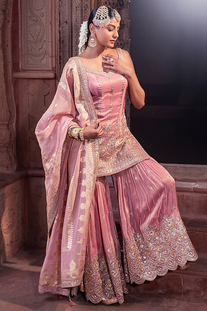 Pink Tissue Sequins Embellished Party Wear Sharara Set by MeenaGurnam at Pernia's Pop Up Shop