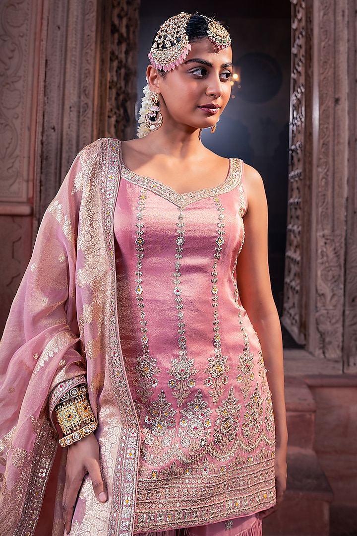 Pink Tissue Sequins Embellished Party Wear Sharara Set by MeenaGurnam at Pernia's Pop Up Shop