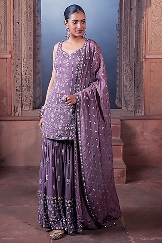 Wine Viscose Georgette Sequins Embellished Sharara Set by MeenaGurnam