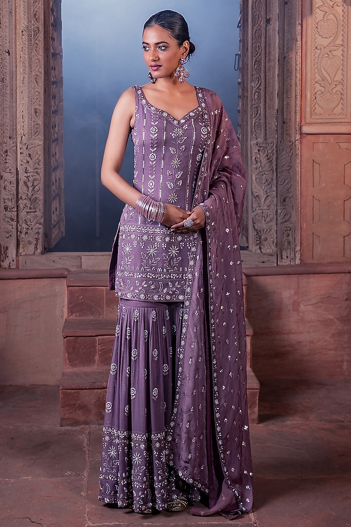 Wine Viscose Georgette Sequins Embellished Party Wear Sharara Set by MeenaGurnam at Pernia's Pop Up Shop