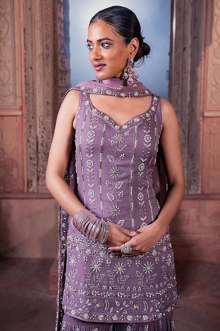 Wine Viscose Georgette Sequins Embellished Party Wear Sharara Set by MeenaGurnam at Pernia's Pop Up Shop