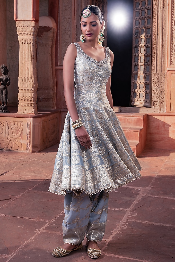 Ice Blue Tissue Hand Embellished Kalidar Wedding Anarkali Set by MeenaGurnam at Pernia's Pop Up Shop