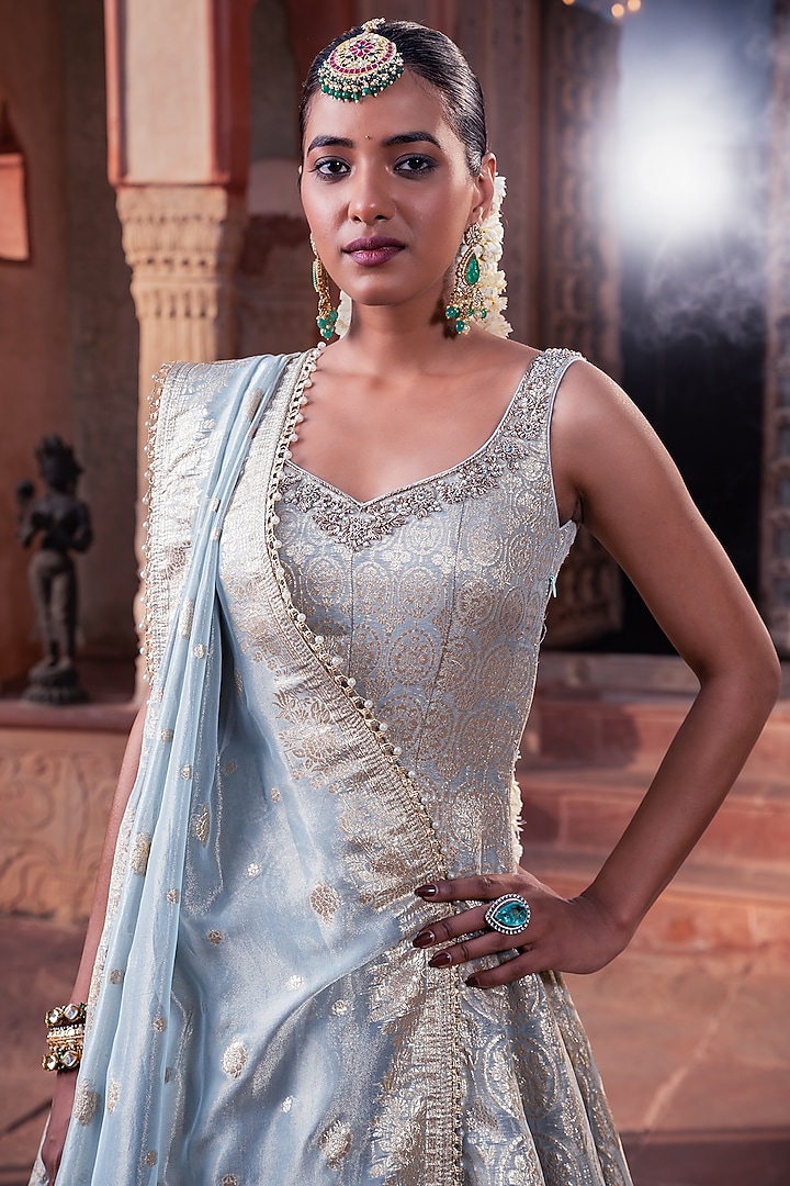 Ice Blue Tissue Hand Embellished Kalidar Wedding Anarkali Set by MeenaGurnam at Pernia's Pop Up Shop