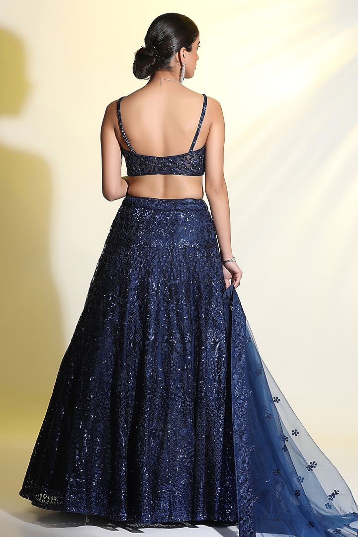 Blue Net Sequins & Cutdana Embroidered Flared Wedding Lehenga Set by MeenaGurnam at Pernia's Pop Up Shop