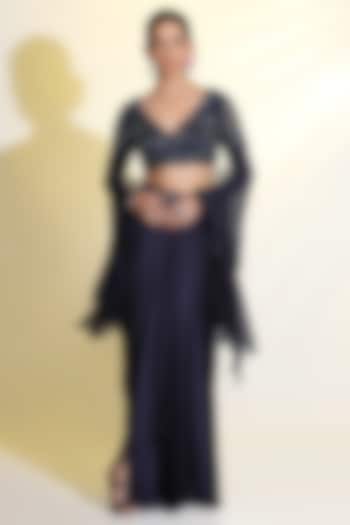 Navy Blue Armani Satin Draped Skirt Set by MeenaGurnam at Pernia's Pop Up Shop
