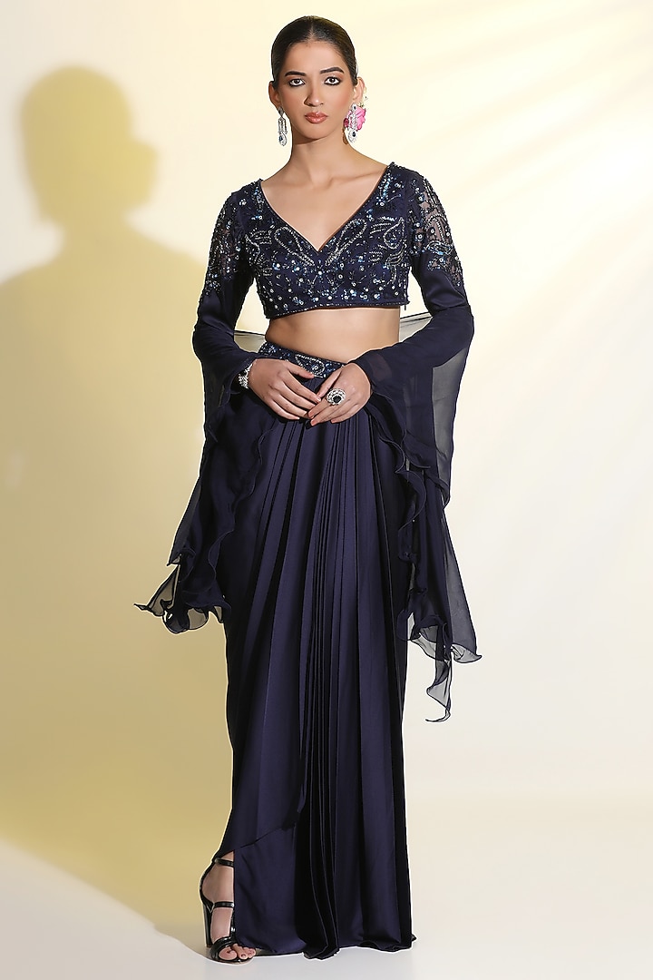 Navy Blue Armani Satin Draped Skirt Set by MeenaGurnam at Pernia's Pop Up Shop