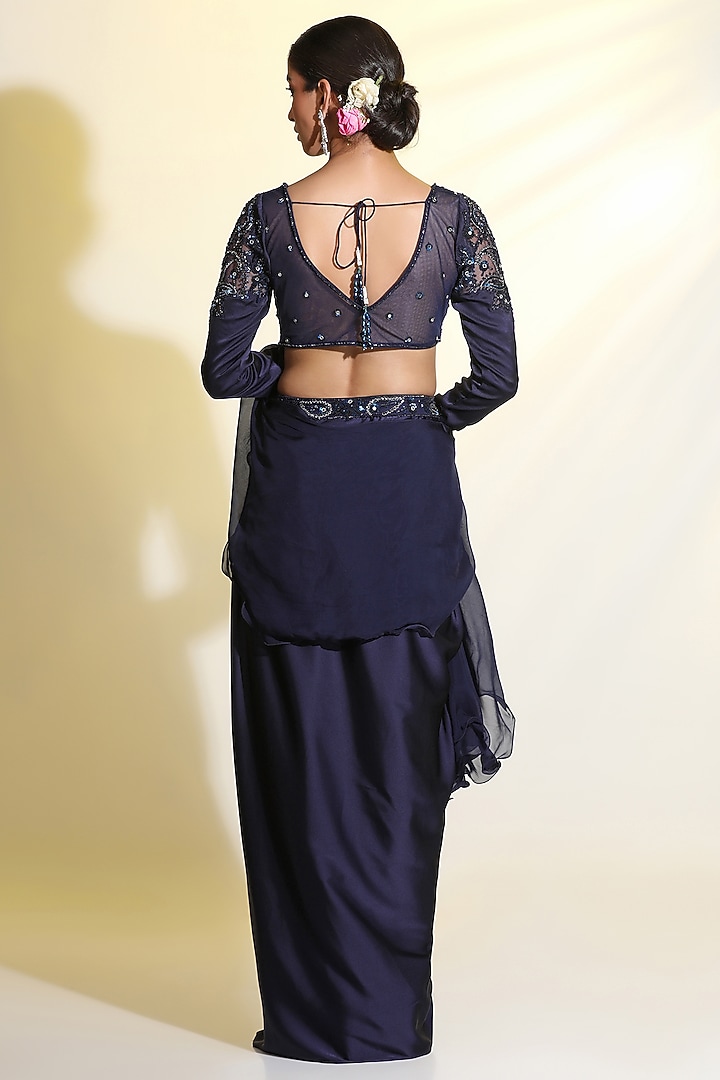 Navy Blue Armani Satin Draped Skirt Set by MeenaGurnam at Pernia's Pop Up Shop