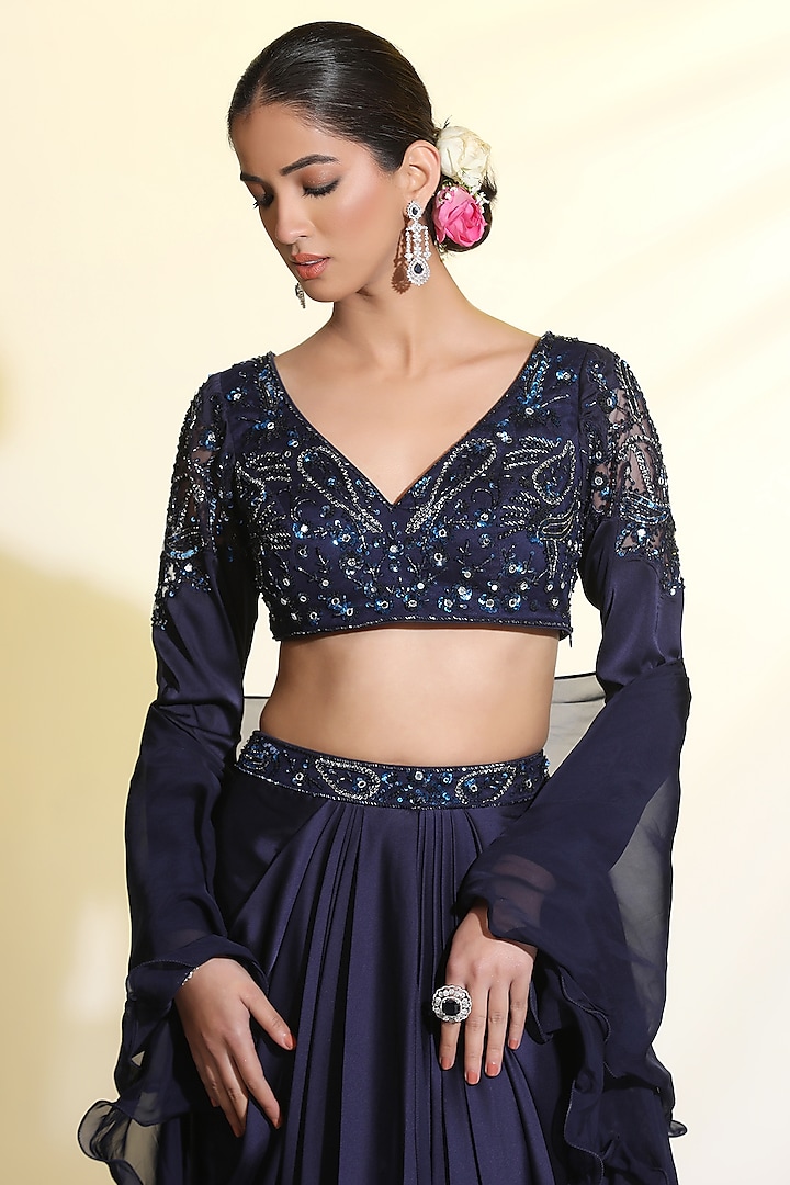 Navy Blue Armani Satin Draped Skirt Set by MeenaGurnam at Pernia's Pop Up Shop
