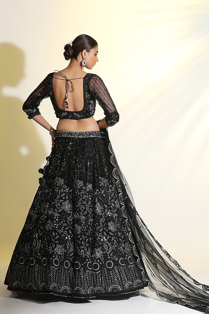 Black Net Cutdana Hand Embellished Wedding Lehenga Set by MeenaGurnam at Pernia's Pop Up Shop