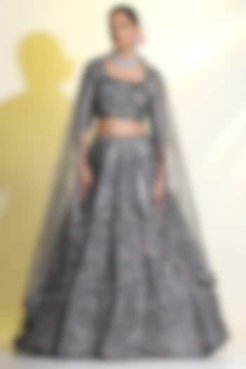 Grey Net Cutdana Hand Embellished Wedding Lehenga Set by MeenaGurnam at Pernia's Pop Up Shop