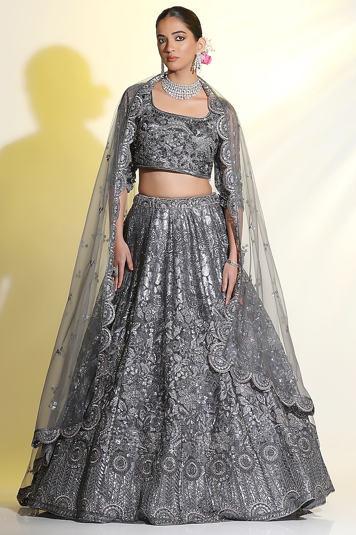 Grey Net Cutdana Hand Embellished Lehenga Set by MeenaGurnam