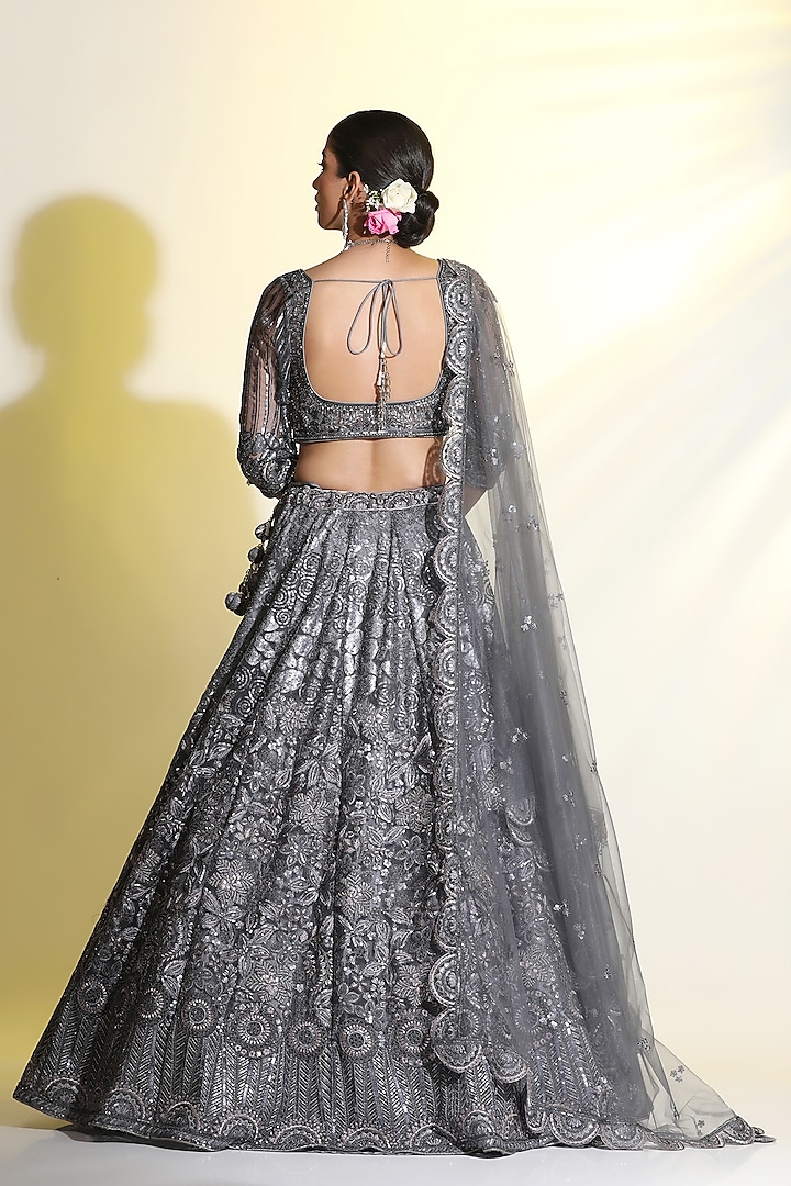 Grey Net Cutdana Hand Embellished Wedding Lehenga Set by MeenaGurnam at Pernia's Pop Up Shop