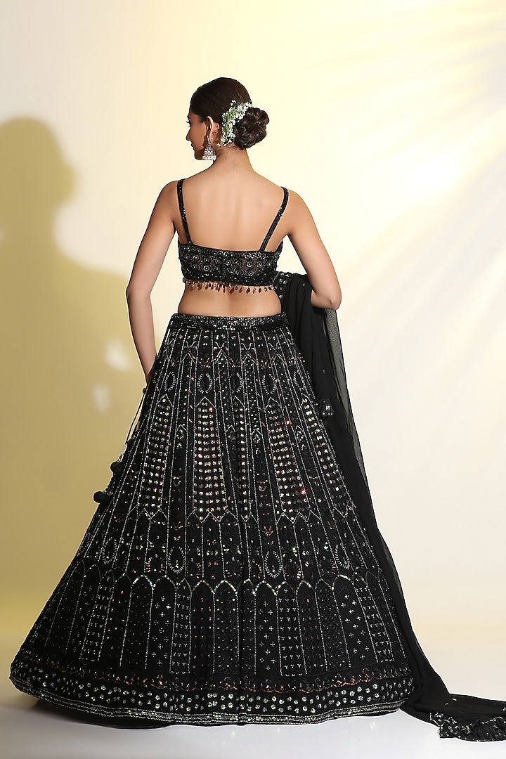 Black Net 3D Floral Hand Embellished Wedding Lehenga Set by MeenaGurnam at Pernia's Pop Up Shop