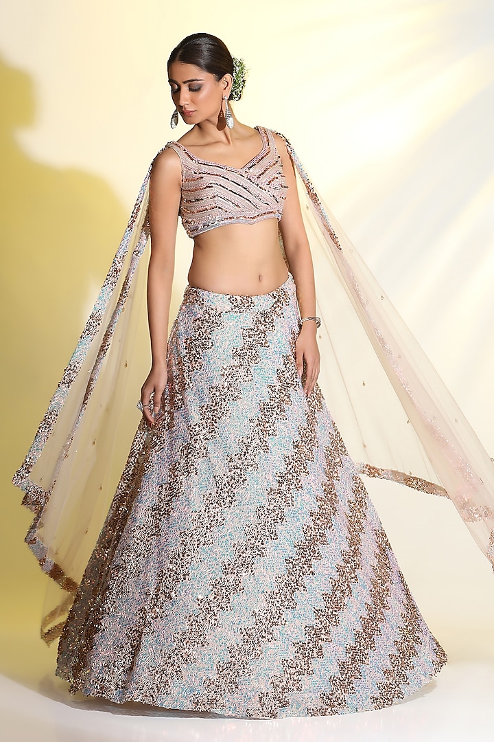 Light Peach Net Lehenga Set by MeenaGurnam at Pernia's Pop Up Shop