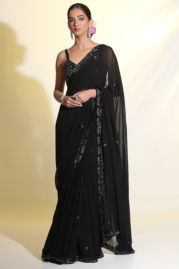 Black Georgette Sequins Embroidered Saree Set by MeenaGurnam at Pernia's Pop Up Shop