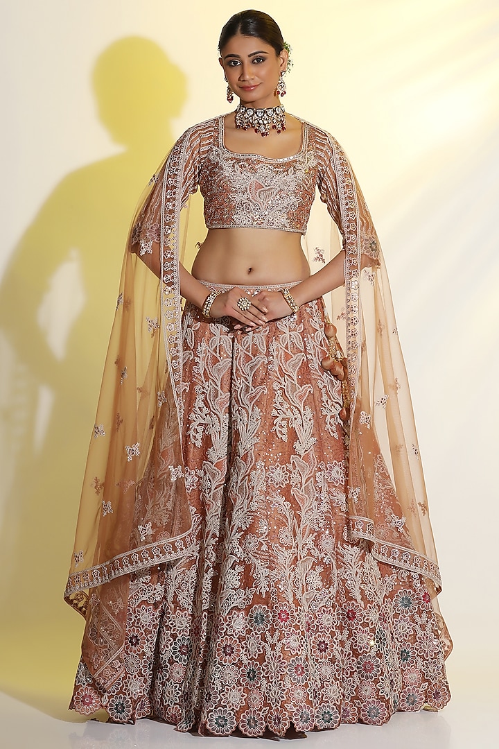 Rust Net Thread Hand Embellished Lehenga Set by MeenaGurnam