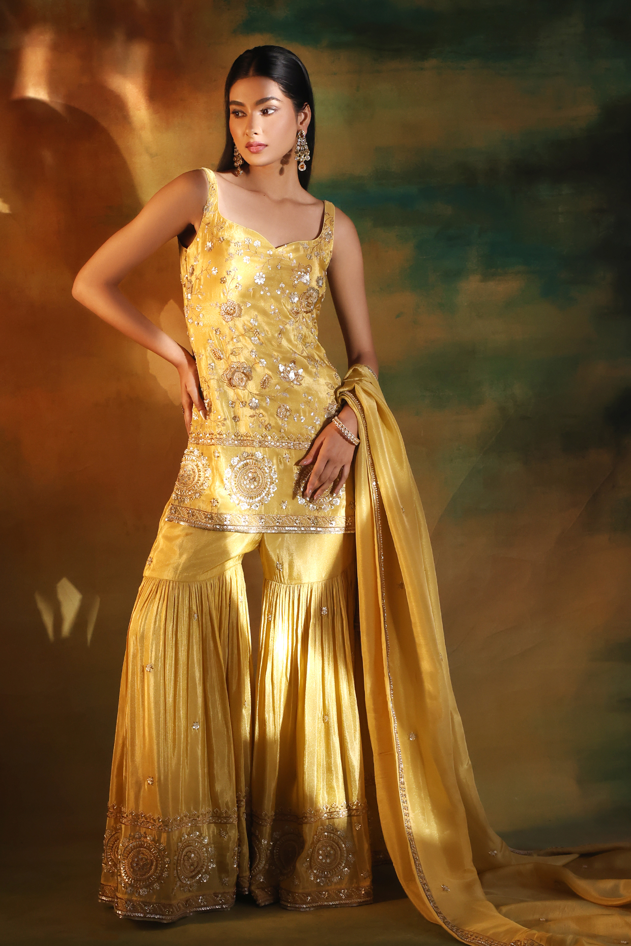 Gold Tissue Party Wear Sharara Set by MeenaGurnam at Pernia's Pop Up Shop