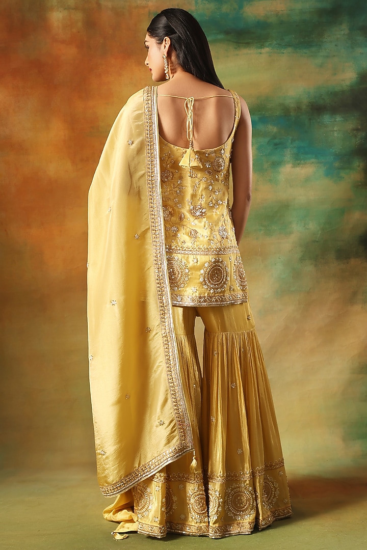 Mustard Tissue Party Wear Sharara Set by MeenaGurnam at Pernia's Pop Up Shop